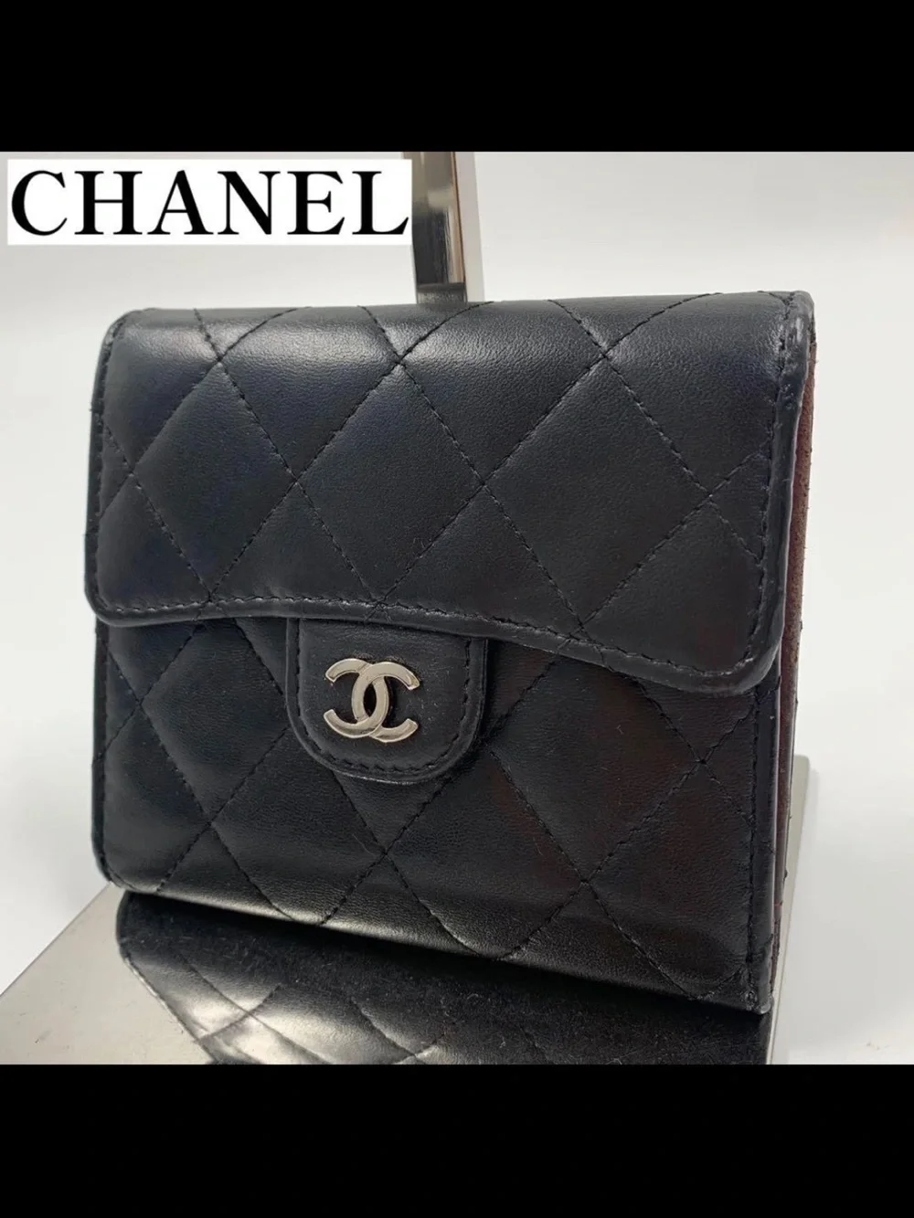 CHANEL Black Quilted Leather Compact Wallet with Silver CC Logo